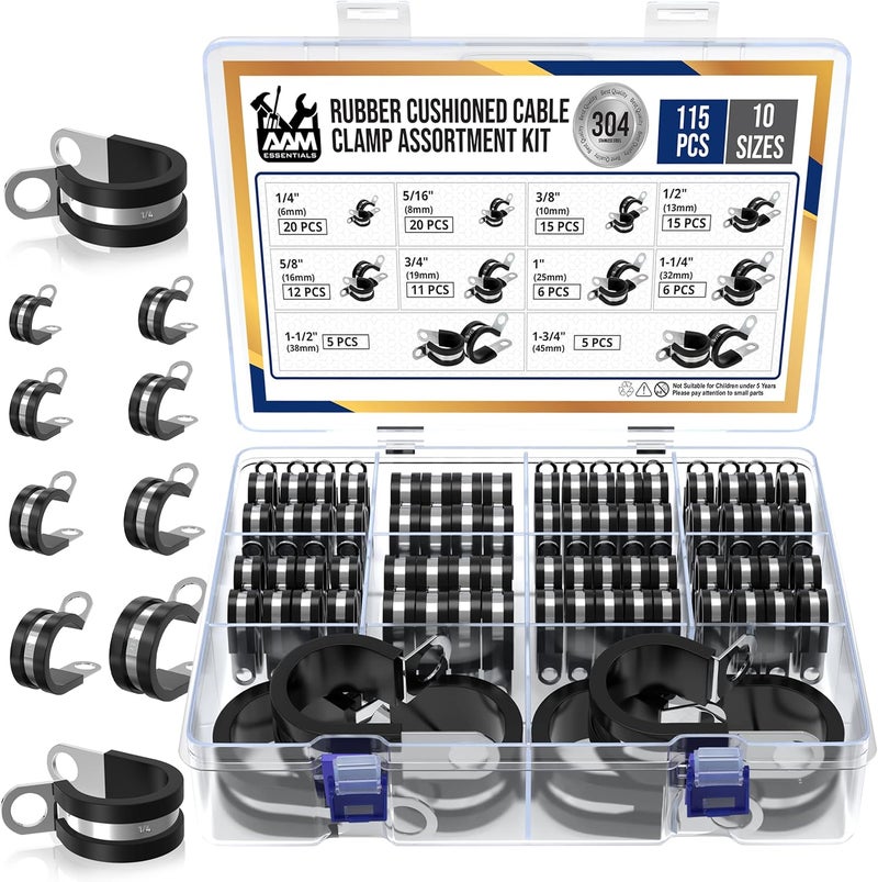 AAM ESSENTIALS 115 pcs cable clamps-304 Stainless Steel-Rubber Cushion Wire clamps-10 sizes 1/4" 5/16" 3/8" 1/2" 5/8" 3/4" 1" 1-1/4" 1-1/2" 1-3/4"-Assortment kit for pipe & wire mounting (Extra 5pcs) - Image 1